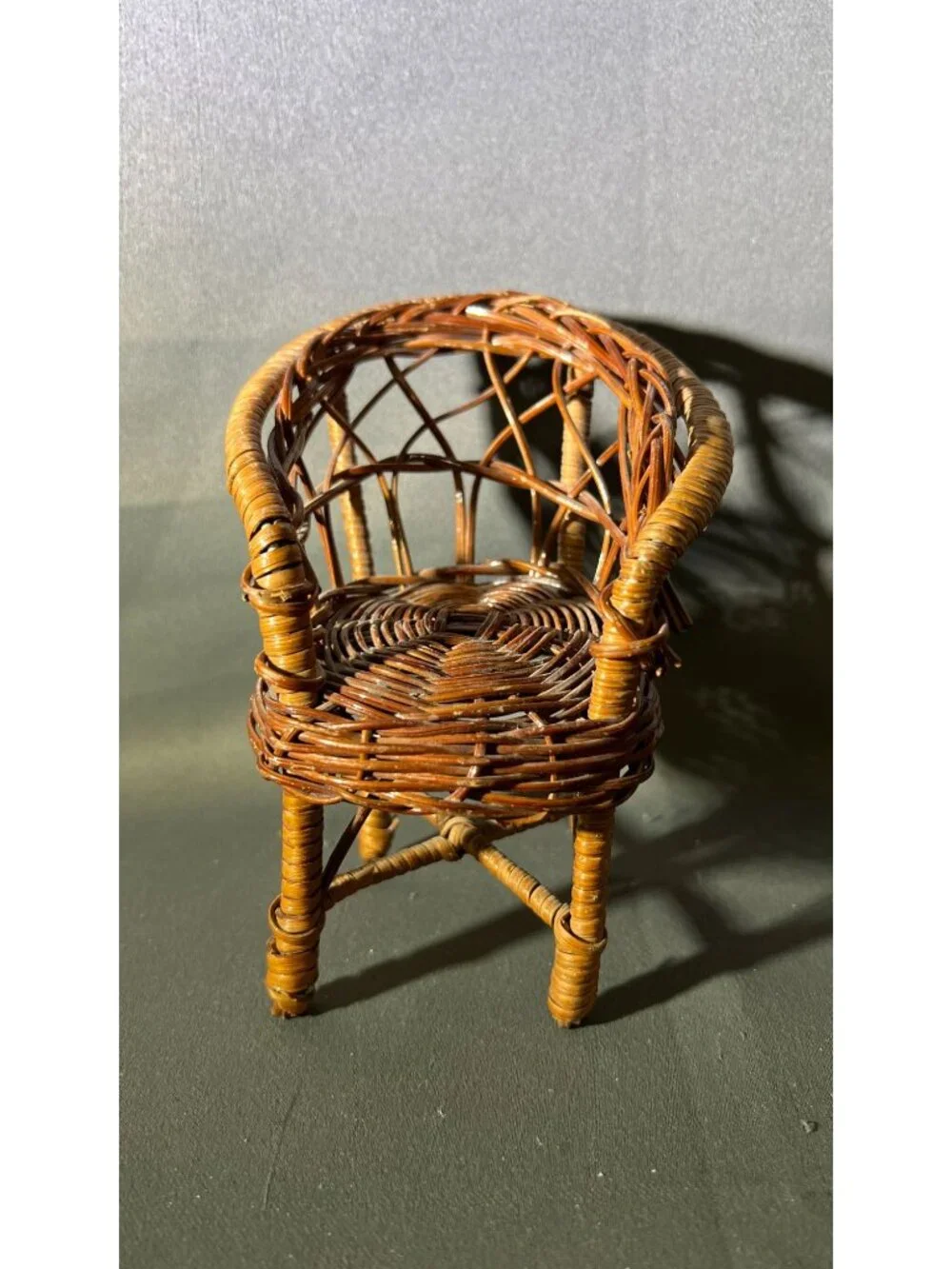 Miniature Woven Wicker Chair Brown Handmade Vintage Dollhouse Decor